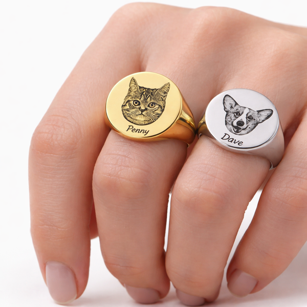 Personalized cat rings collection featuring custom engraved cat portrait jewelry and memorial keepsakes. Handcrafted from your pet's photo with detailed photo-realistic engravings.
